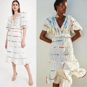 FARM Rio White Mixed Print Multicolor White Tiered Ruffle Midi Dress I Size M